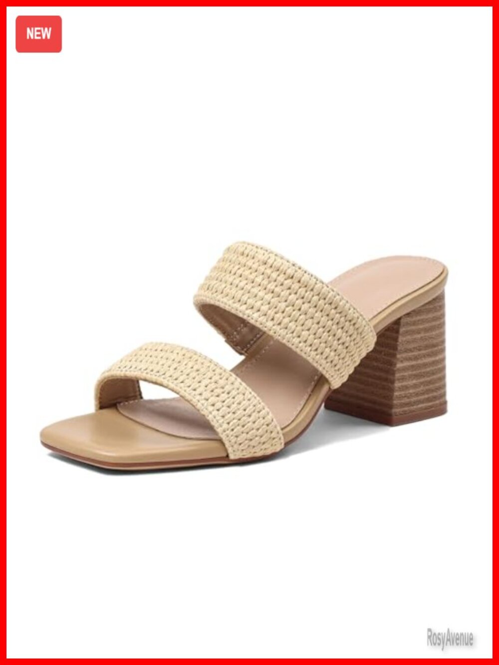 Raffia Heeled Sandals for Women Chunky Block Heels Square Open Toe Double Strap